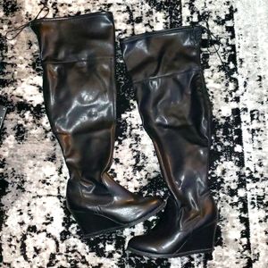 Over the Knee Black Leather Like Wide Width Boots